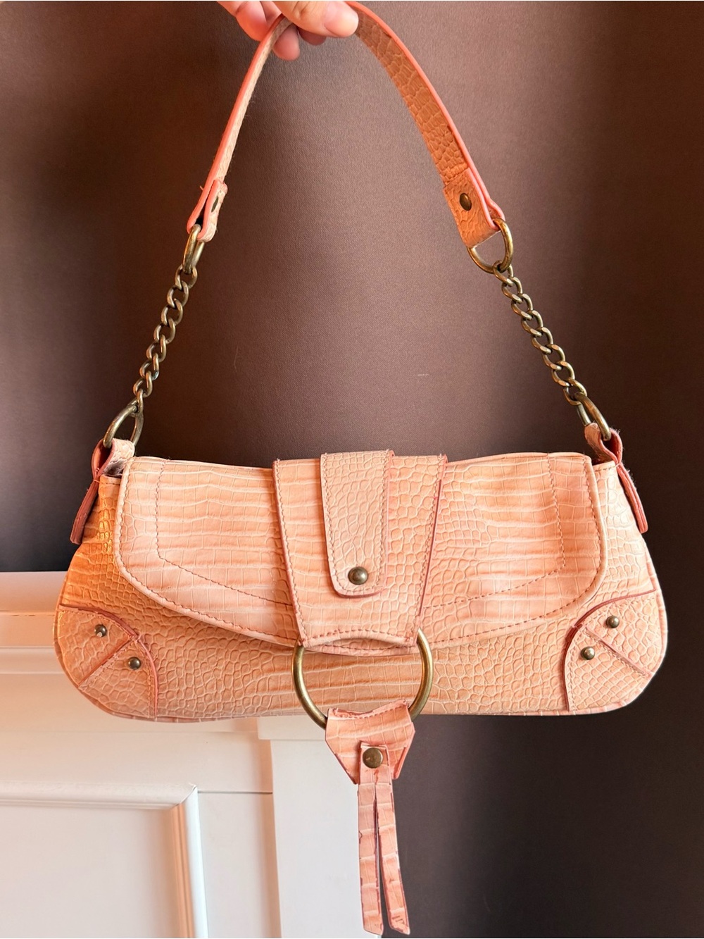 Y2k peach-pink shoulder bag with faux-croc textured finish